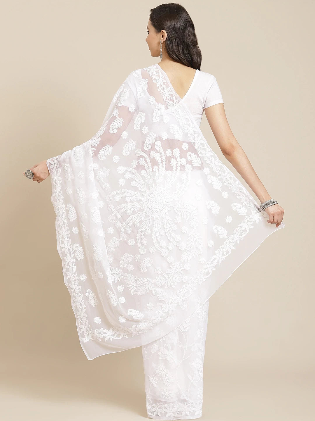 Ada Hand Embroidered White Georgette Lucknow Chikan Saree With Blouse - A130072
