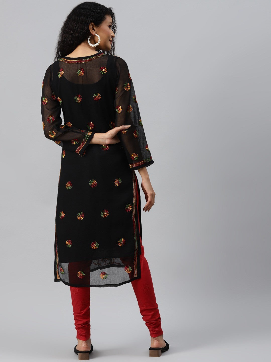 Ada Hand Embroidered Black Georgette Lucknowi Chikankari Straight Kurta Set With Slip A811195