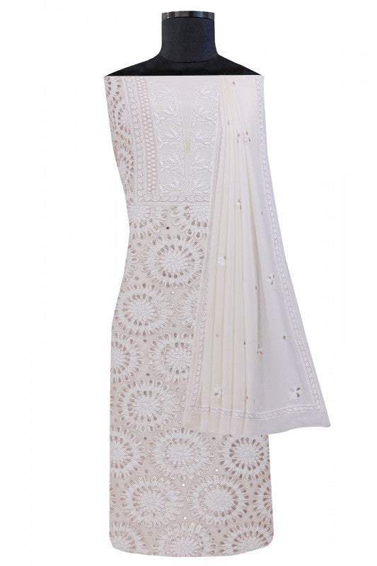 Ada Hand Embroidered White Pure Georgette Lucknowi Chikan Unstitched Kurta Dupatta Set With Gota Patti Work- A576809