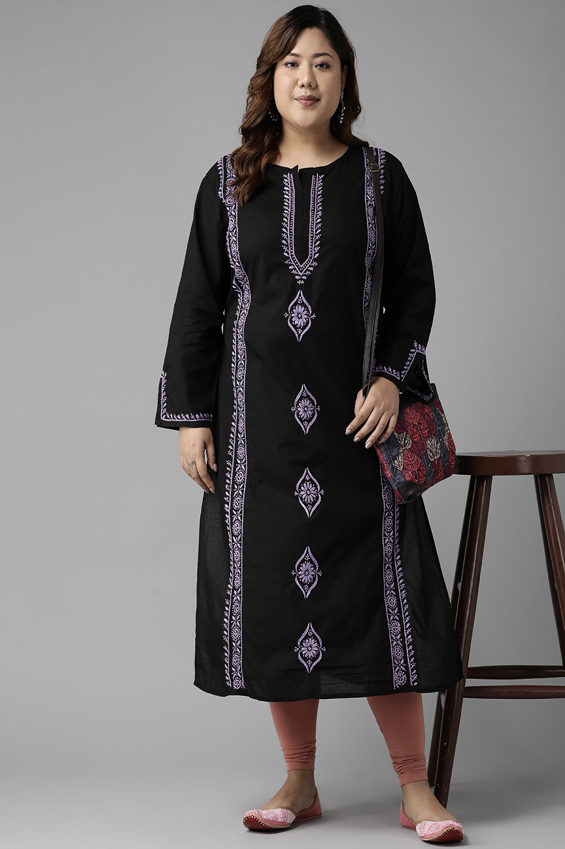 Ada Hand Embroidered Black Cotton Lucknowi Chikankari Straight Kurta A411394