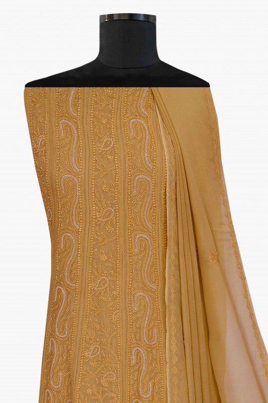 Ada Hand Embroidered Fawn Georgette Semi-stitched Anarkali Kurta Dupatta With Pearl Work- A484666