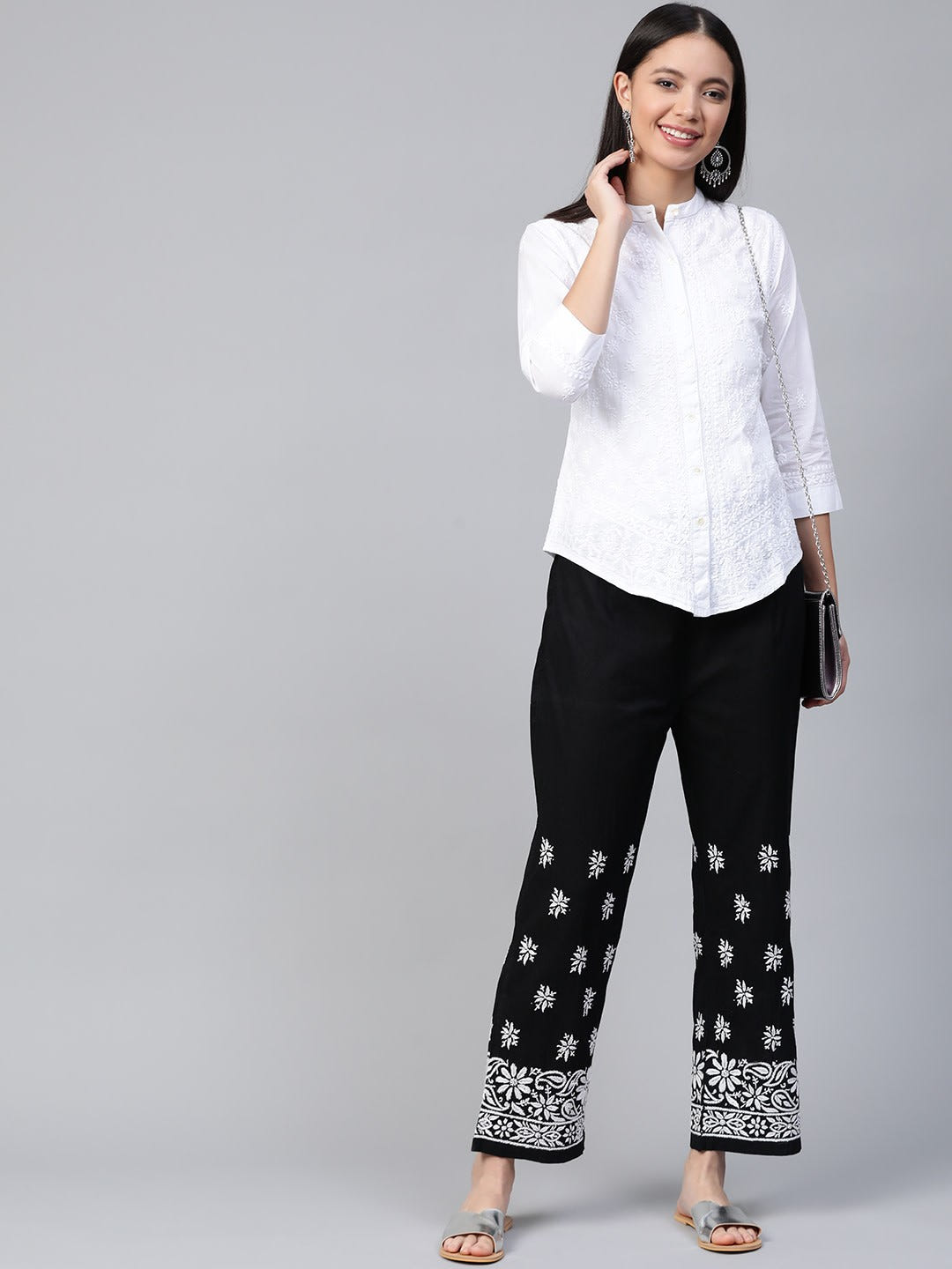 Ada Hand Embroidered Black Cotton Lucknowi Chikankari Palazzo A528760