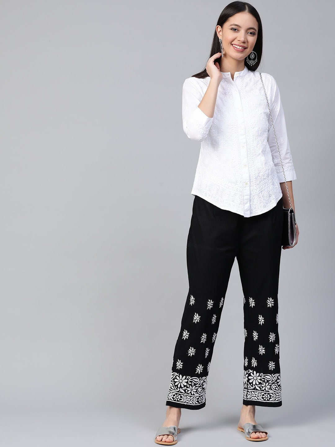Ada Hand Embroidered Black Cotton Lucknowi Chikankari Palazzo A528760