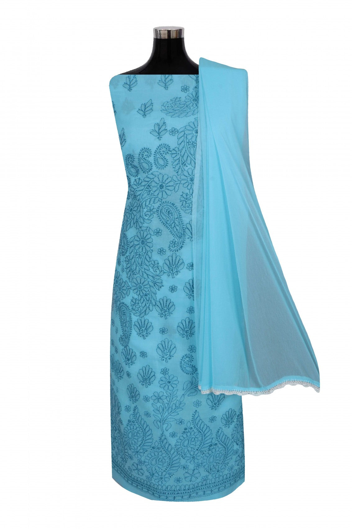 Ada Hand Embroidered Sky Blue Cotton Lucknowi Chikankari Unstitched Suit Piece 01A262732