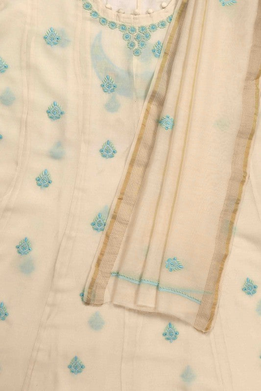 Ada Hand Embroidered Cream Chanderi Lucknowi Chikan Unstitched Anarkali Dupatta Set A595351