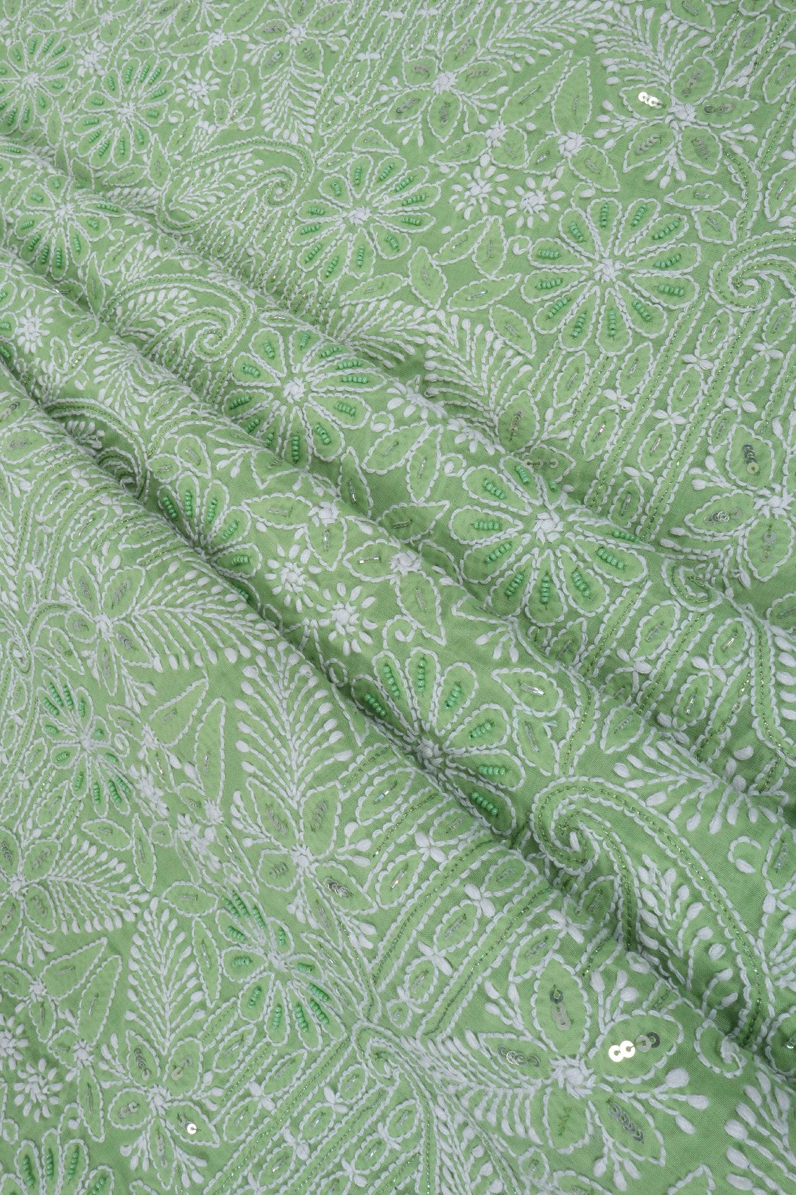 Ada Hand Embroidered Green Cotton Lucknowi Chikankari Unstitched Suit Piece With Pearl Work A620498