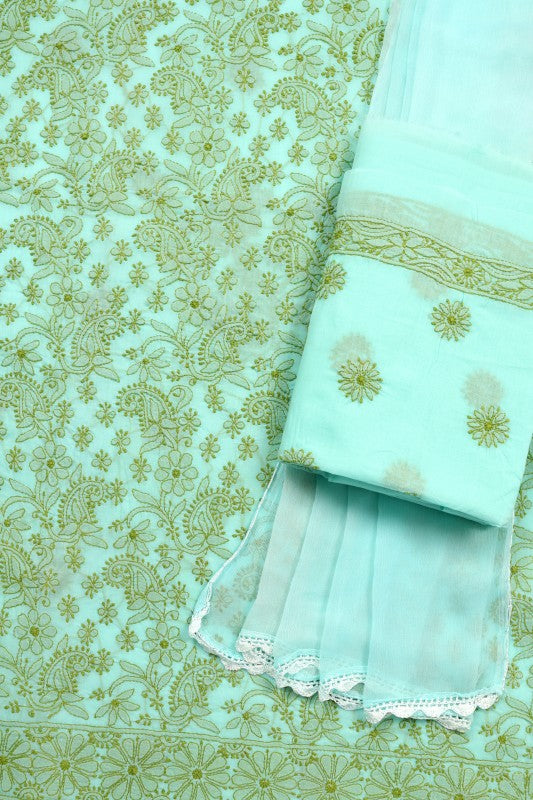 Ada Hand Embroidered Sea Green Cotton Lucknowi Chikan Unstitched Suit Piece A603846