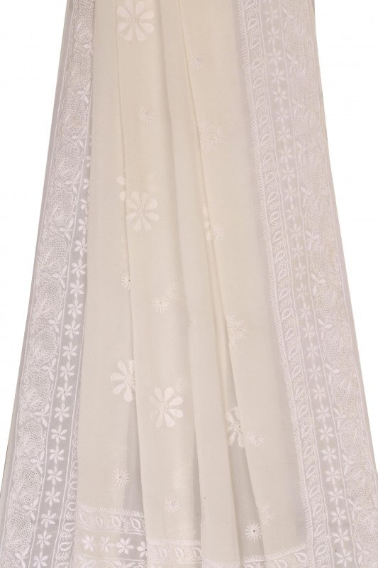 Ada Hand Embroidered White Pure Georgette Lucknowi Chikankari Saree with Blouse A557077