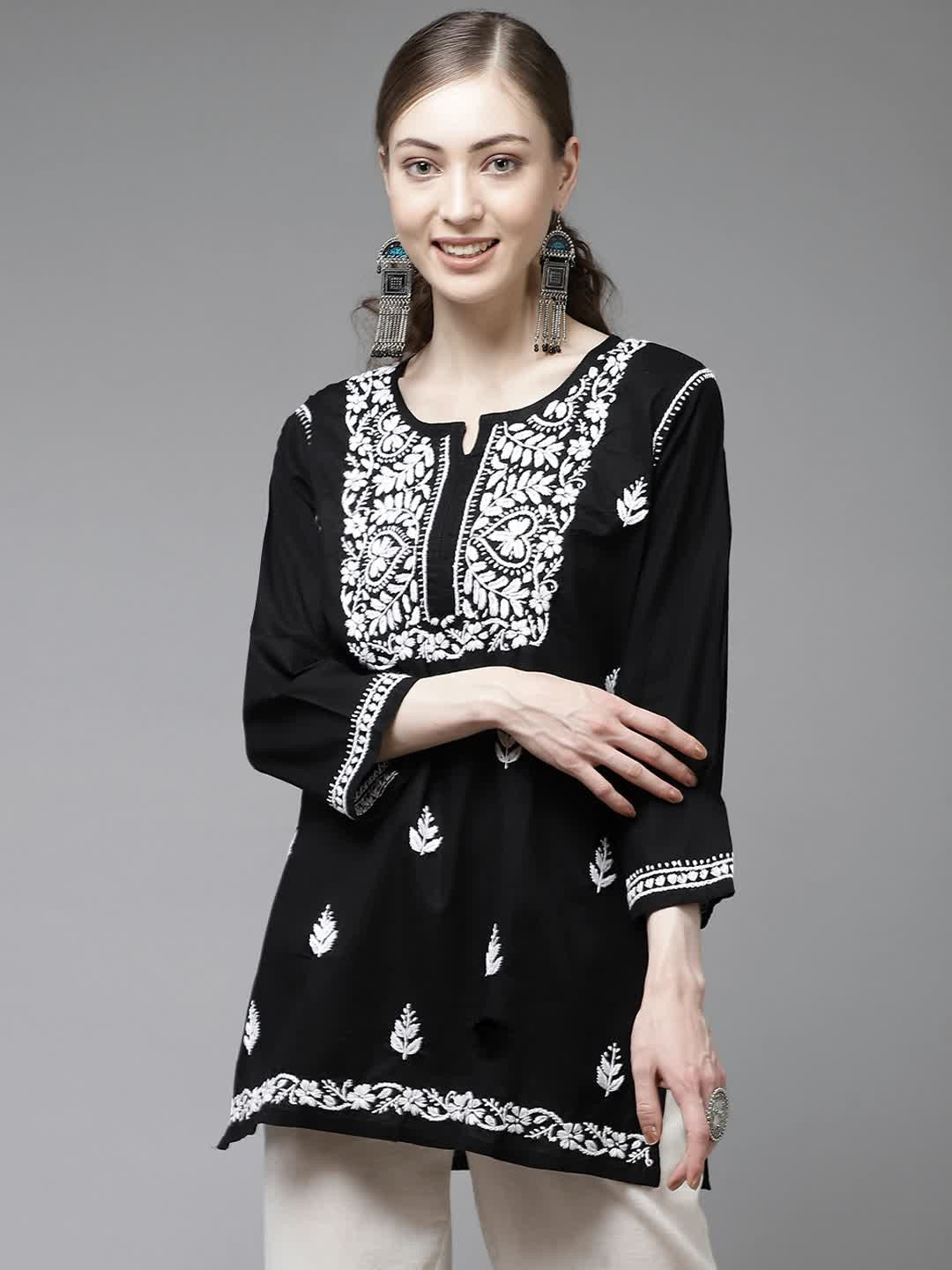 Ada Hand Embroidered Black Cotton Lucknow Chikan Short Kurti A911131