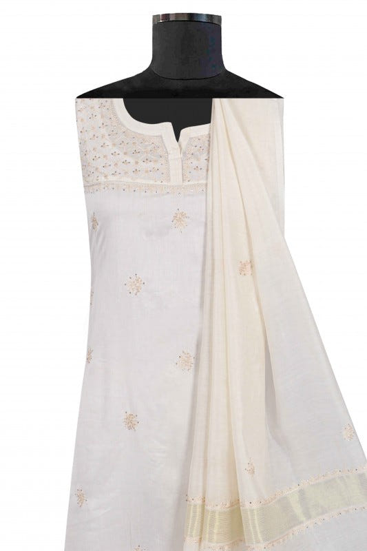 Ada Hand Embroidered Cream Chanderi Lucknowi Chikankari Semi-Stitched Anarkali Kurta Dupatta Set With Muqaish Work A623444