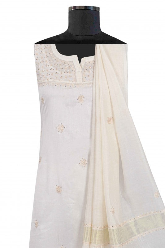 Ada Hand Embroidered Cream Chanderi Lucknowi Chikankari Semi-Stitched Anarkali Kurta Dupatta Set With Muqaish Work A623444