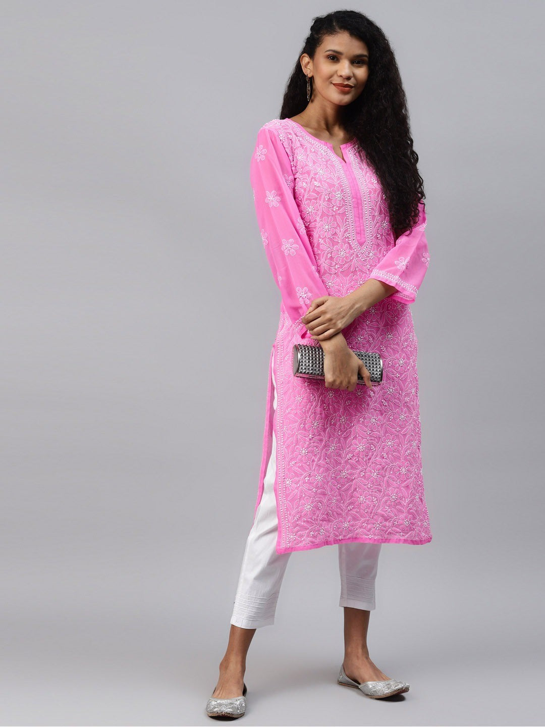 Ada Hand Embroidered Pink Georgette Lucknowi Chikankari Straight Kurta Set A811202