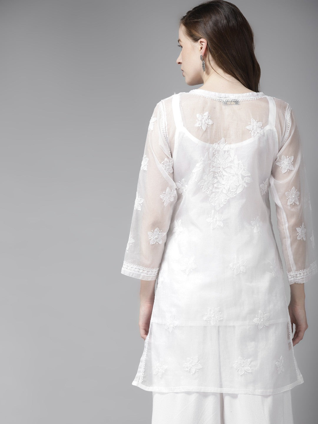 Ada Hand Embroidered White Organza Lucknowi Chikankari Kurti With Slip A911167