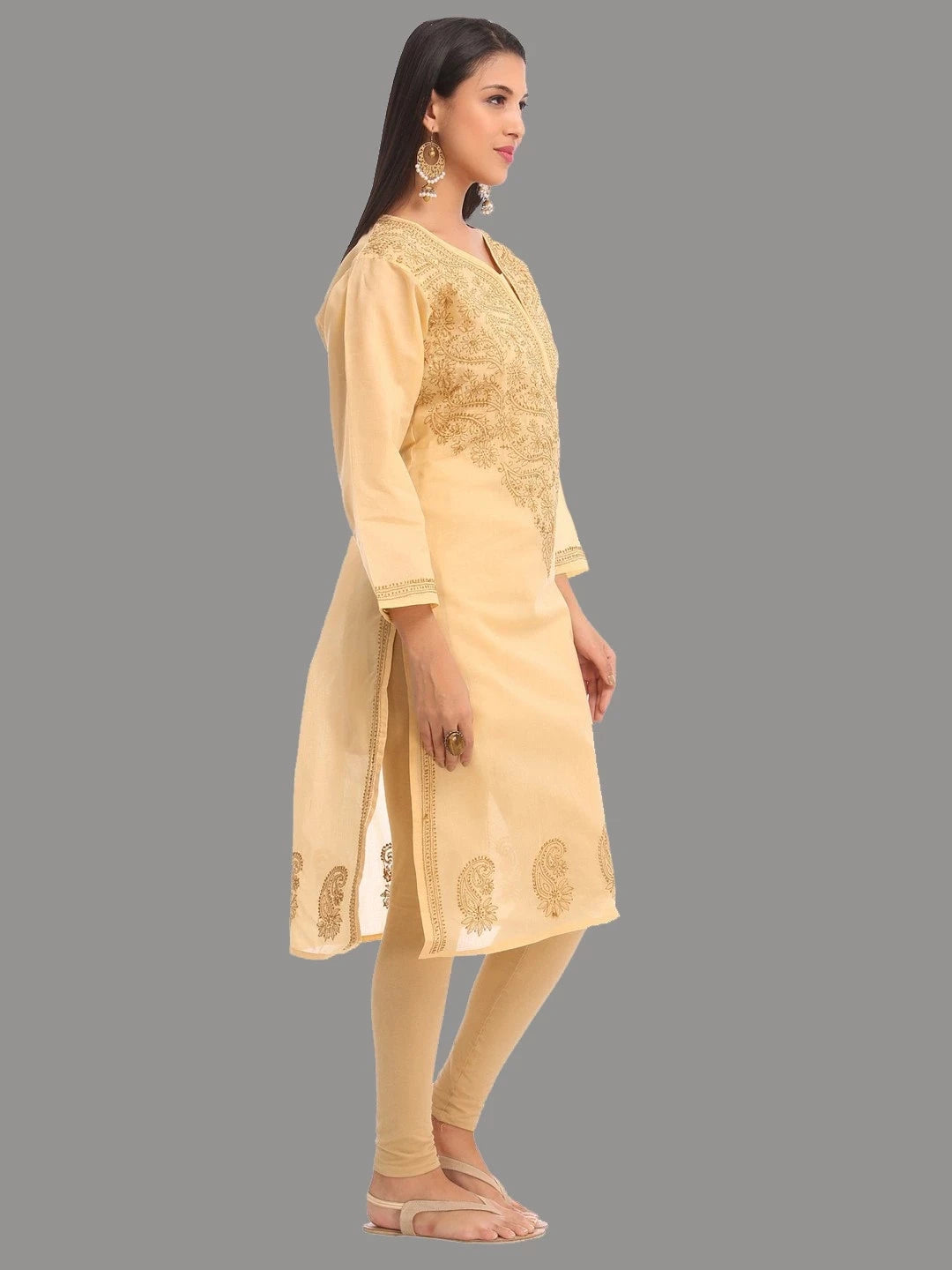 Ada Hand Embroidered Fawn Cotton Lucknowi Chikankari Straight Kurta A227141