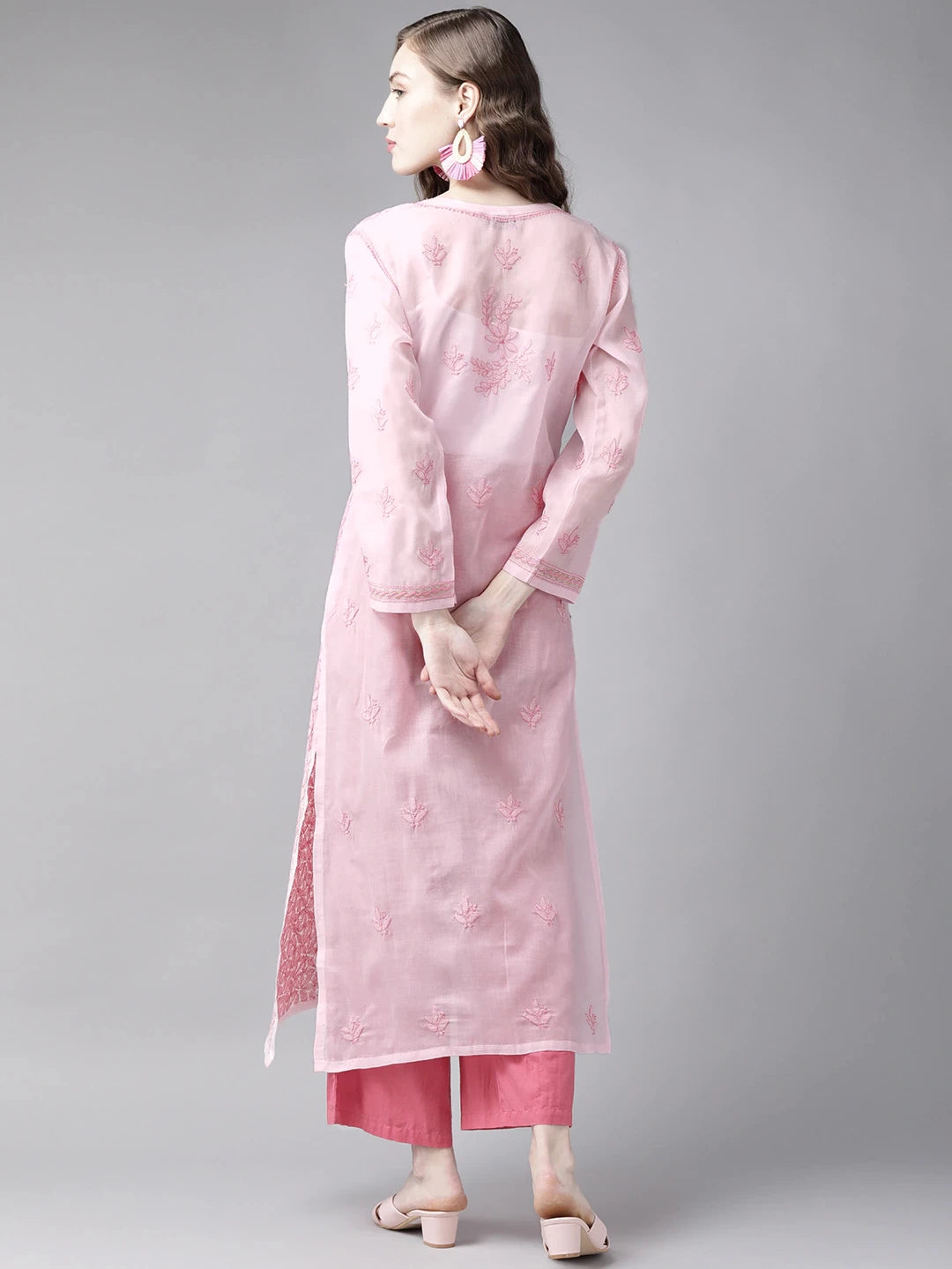 Ada Hand Embroidered Pink Cotton Lucknow Chikan Kurta A411244