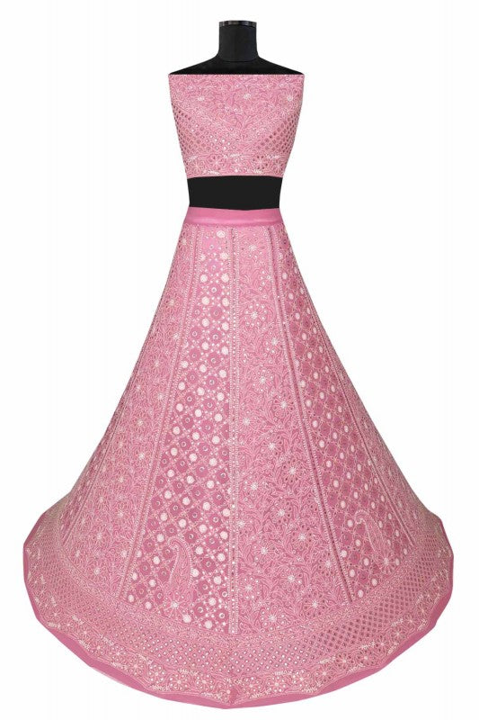Ada Hand Embroidered Dusty Pink Pure Georgette Lucknowi Chikankari Lehenga Set With Muqaish Work A620113
