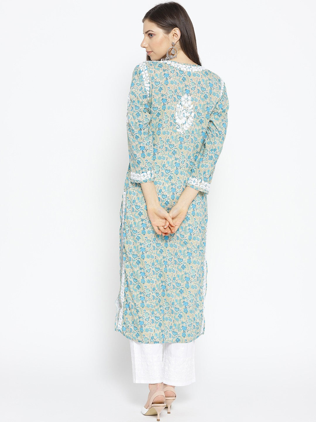 Ada Hand Embroidered Fawn Blue Cotton Lucknow Chikankari Kurta- A100032
