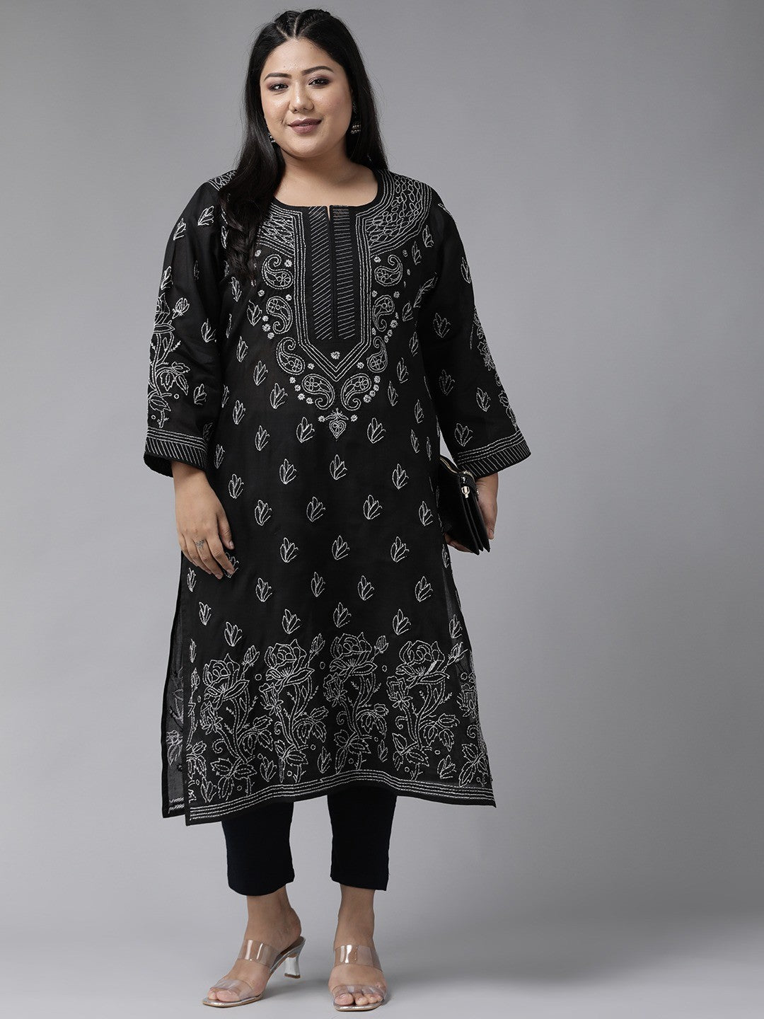 Ada Hand Embroidered Black Cotton Lucknow Chikan Straight Kurta A237205