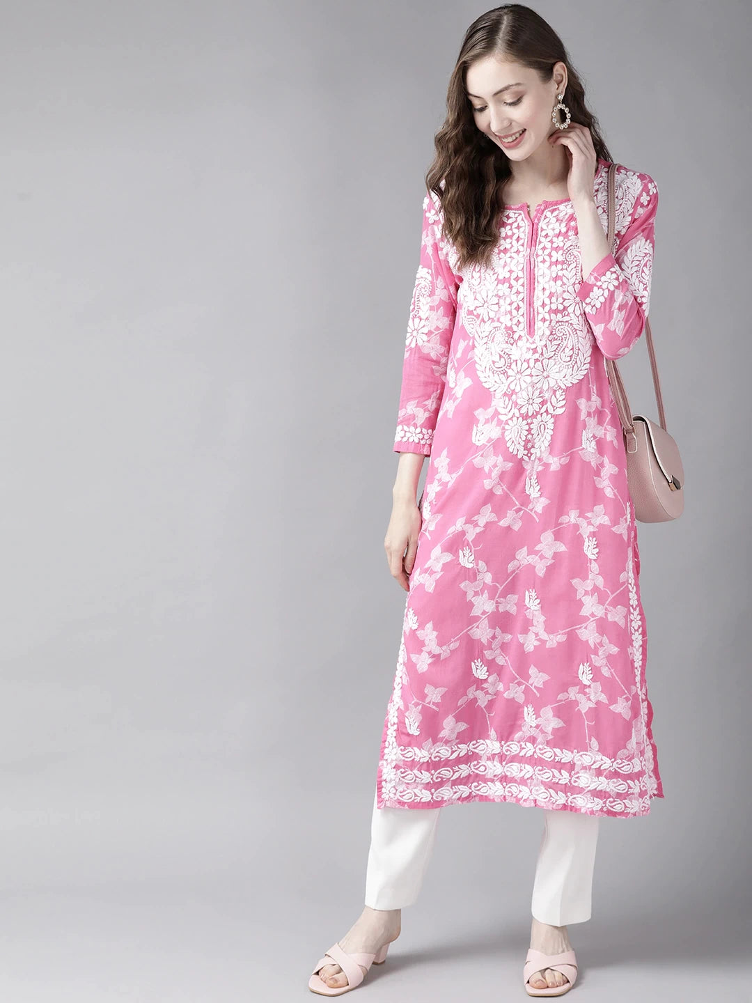 Ada Hand Embroidered Pink Cotton Lucknowi Chikankari Straight Kurta A411269