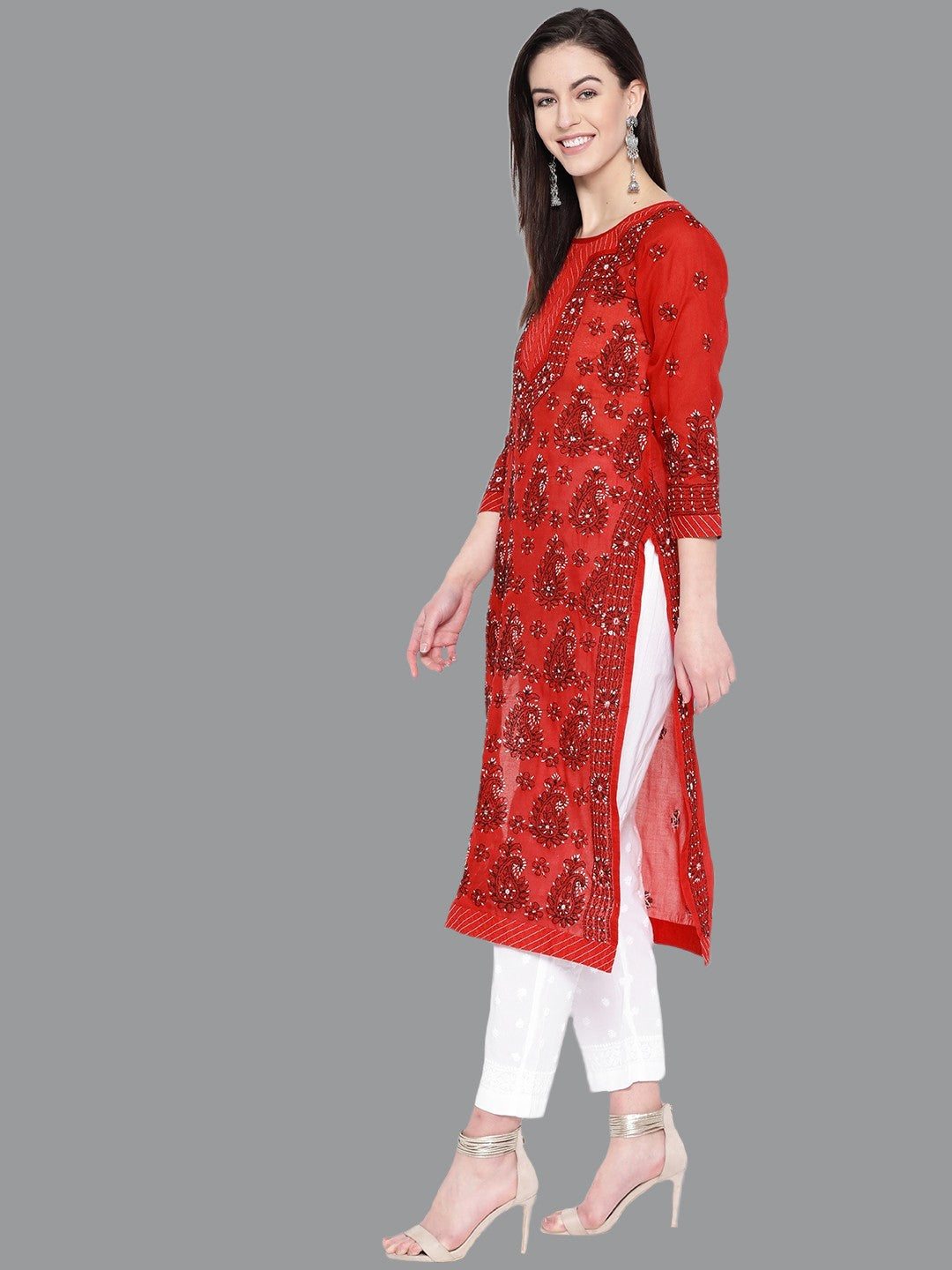Ada Hand Embroidered Red Cotton Lucknow Chikankari Kurta with Trouser Set A100224