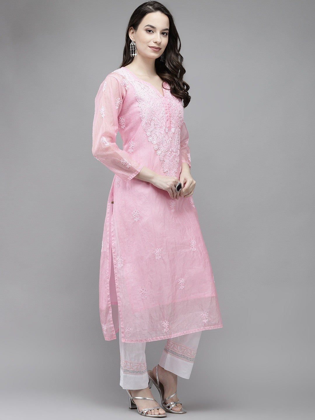 Ada Hand Embroidered Pink Kota Lucknow Chikankari Kurta/Slip With Muqaish Work-A411291