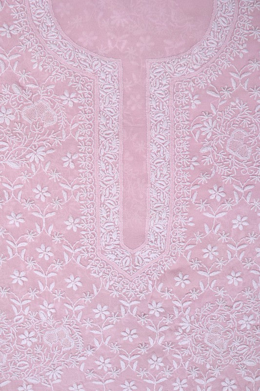 Ada Hand Embroidered Baby Pink Pure Georgette Lucknowi Chikan Unstitched Kurta Piece A21481