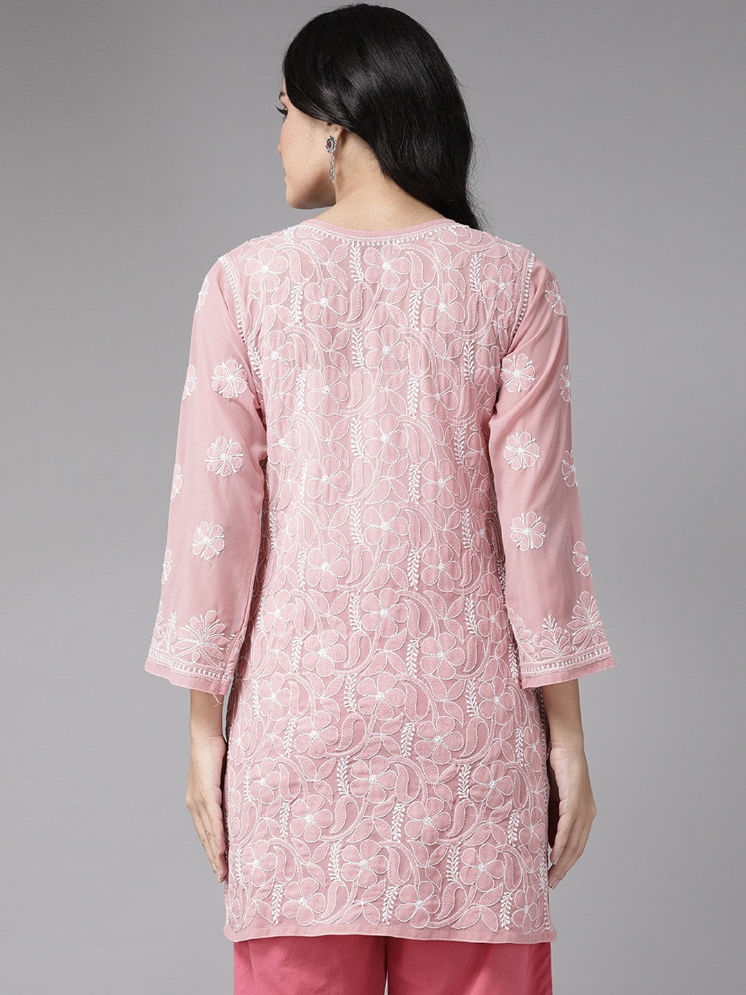 Ada Hand Embroidered Onion Pink Georgette Lucknowi Chikankari Short Kurti A911123