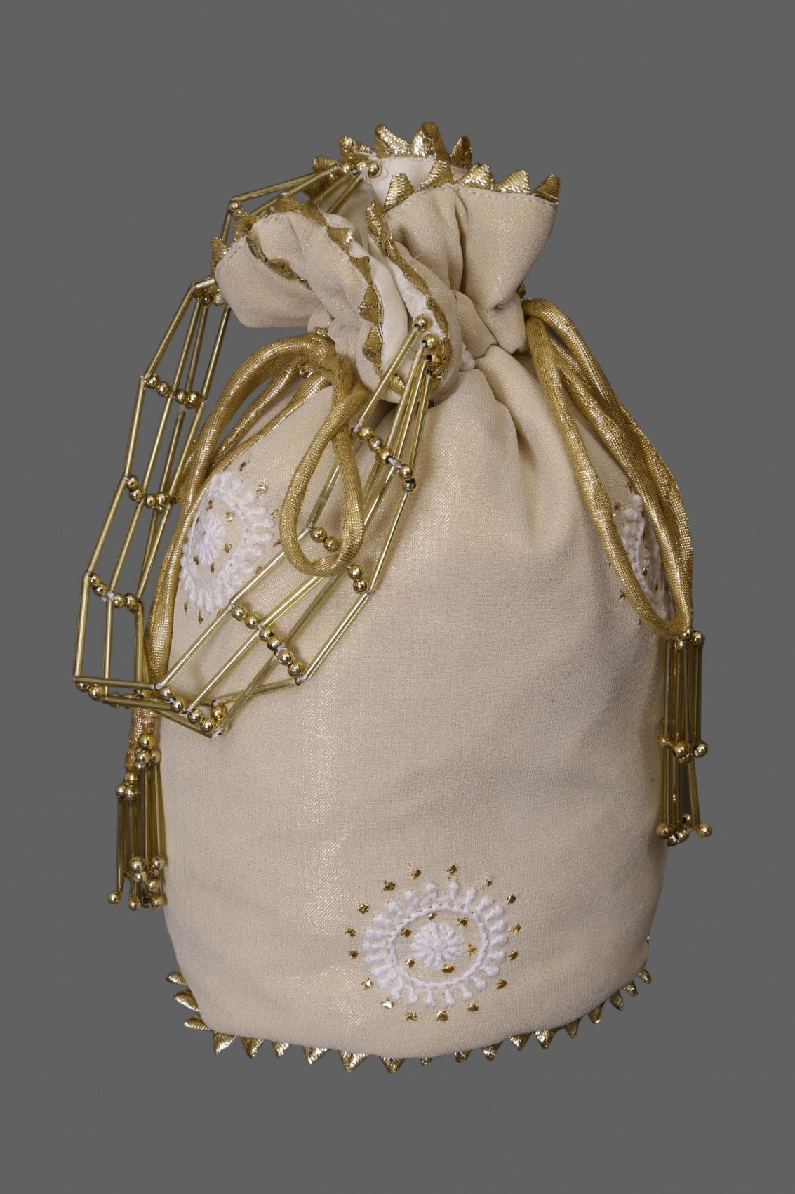 Ada Hand Embroidered Cream Pure Georgette Lucknowi Chikankari Potli Bag With Muqaish Work 01A13377
