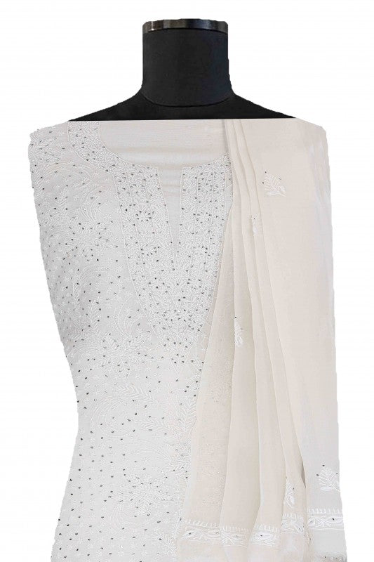 Ada Hand Embroidered Off White Organza Lucknowi Chikan Unstitched Kurta Dupatta With Muqaish Work– A604135