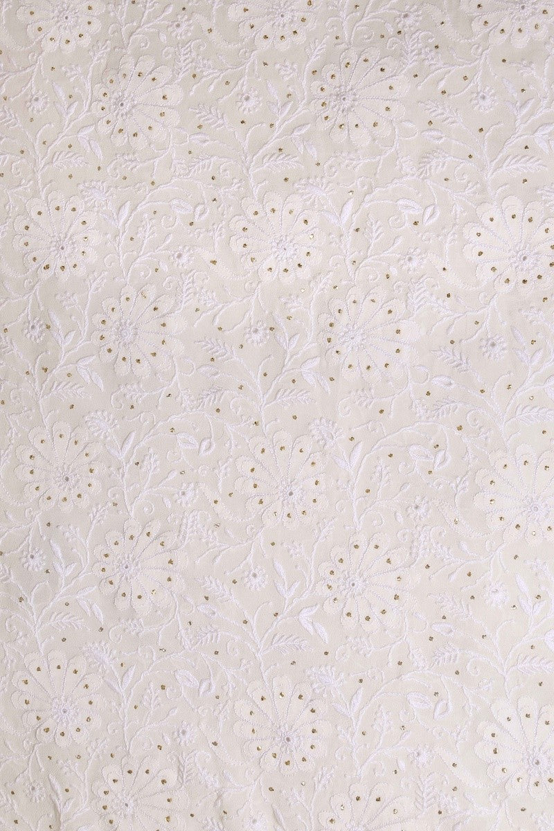 Ada Hand Embroidered White Pure Georgette Lucknowi Chikan Unstitched Kurta Dupatta Set With Muqaish Work-A610887