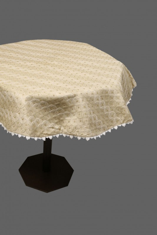 Ada Hand Embroidered Natural Fawn Tussar Silk Lucknowi Chikankari Table Cover with Zari Work A507417