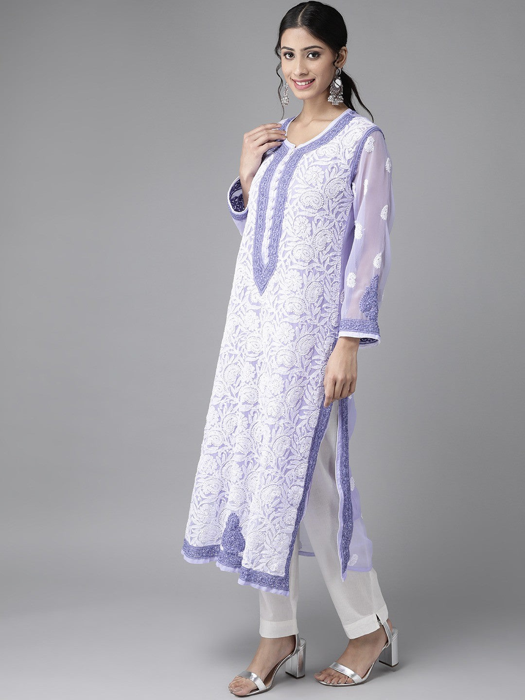 Ada Hand Embroidered Mauve Georgette Lucknowi Chikankari Straight Kurta with Slip A223974