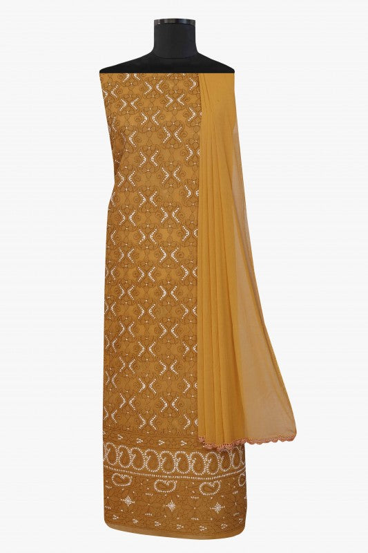 Ada Hand Embroidered Mustard Cotton Lucknowi Chikan Unstitched Suit Piece–A100180