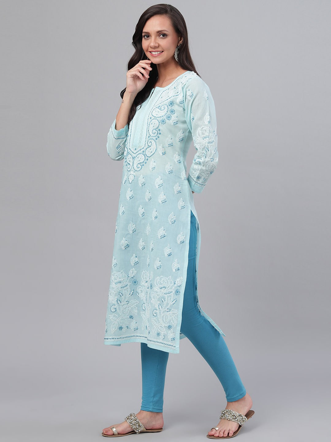 Ada Hand Embroidered Blue Cotton Lucknowi Chikankari Straight Kurta A227196