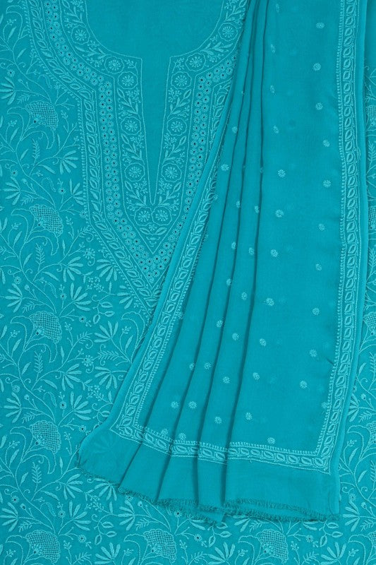 Ada Hand Embroidered Blue Pure Georgette Lucknowi Chikan Unstitched Kurta Dupatta Set A595017