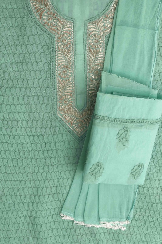 Ada Hand Embroidered Sea Green Cotton Lucknowi Chikan Unstitched Suit Piece–A100184