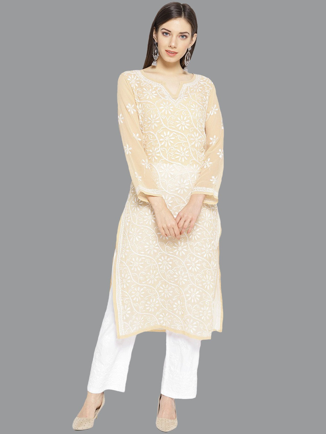 Ada Hand Embroidered Beige Georgette Lucknowi Chikankari Kurta/Palazzo with Slip A100022