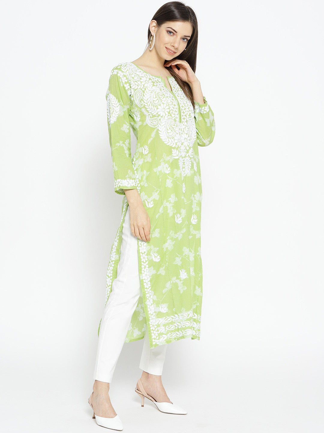 Ada Hand Embroidered Green Cotton Lucknowi Chikankari Straight Kurta A100113