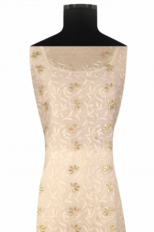 Ada Hand Embroidered Cream Chanderi Lucknowi Chikan Unstitched Suit Piece With Gota Patti Work A575128