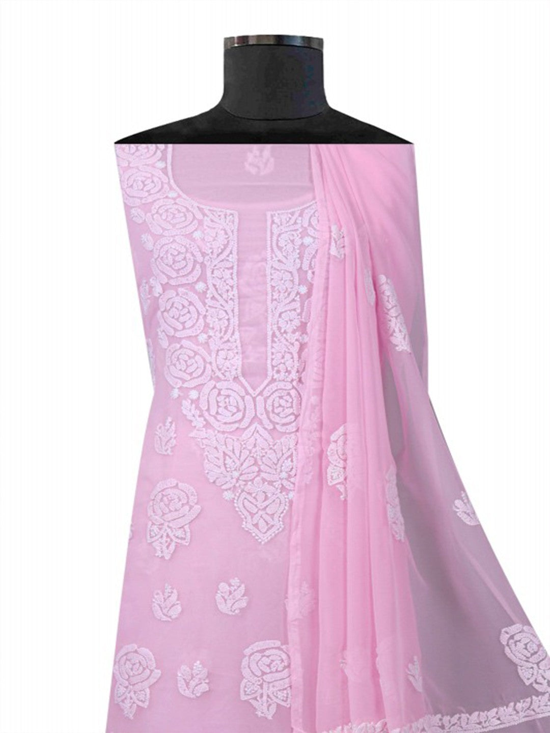 Ada Hand Embroidered Baby Pink Georgette Lucknowi Chikan Unstitched Suit Piece A211215