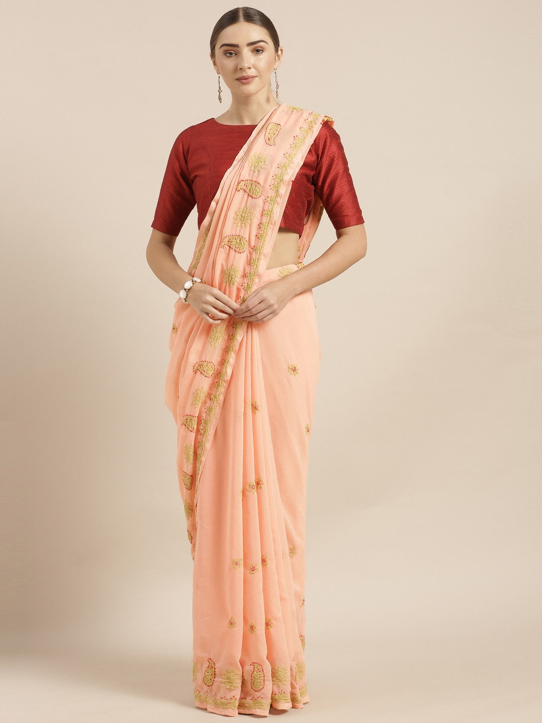 Ada Hand Embroidered Peach Georgette Lucknowi Chikankari Saree With Blouse A191582
