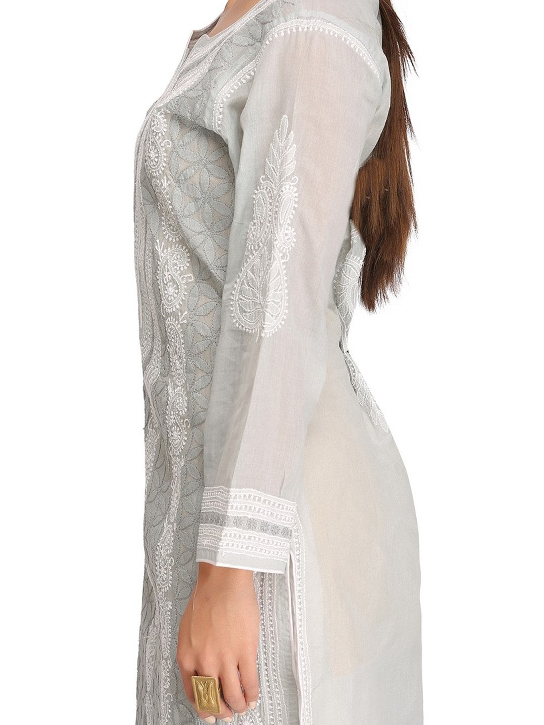 Ada Hand Embroidered Grey Cotton Lucknowi Chikankari Straight Kurta A254288