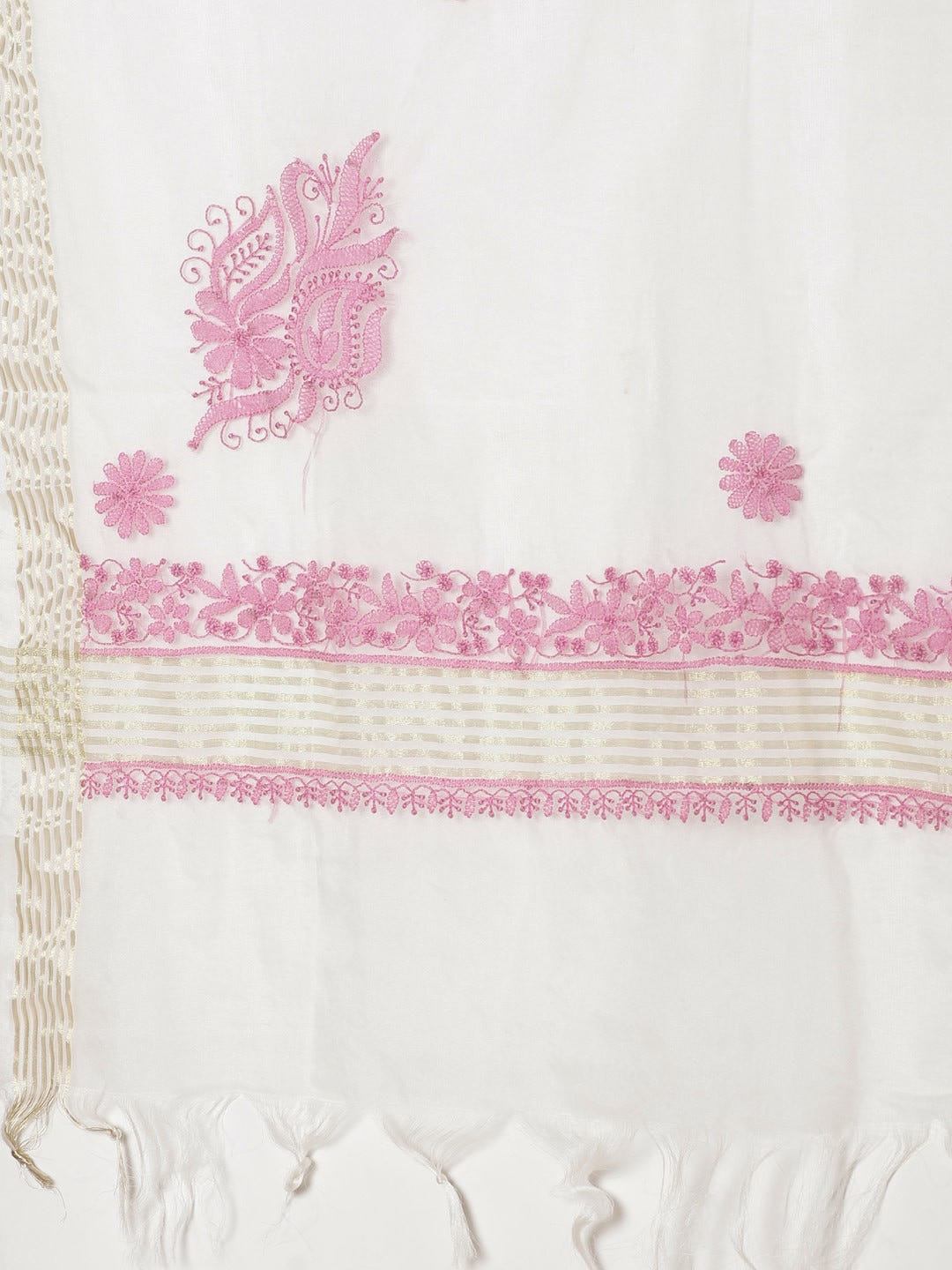 Ada Hand Embroidered White Organza Lucknow Chikan Dupatta- A100443