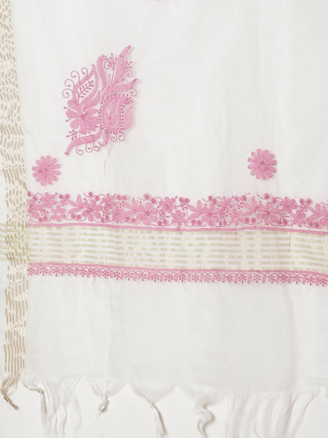 Ada Hand Embroidered White Organza Lucknow Chikan Dupatta- A100443