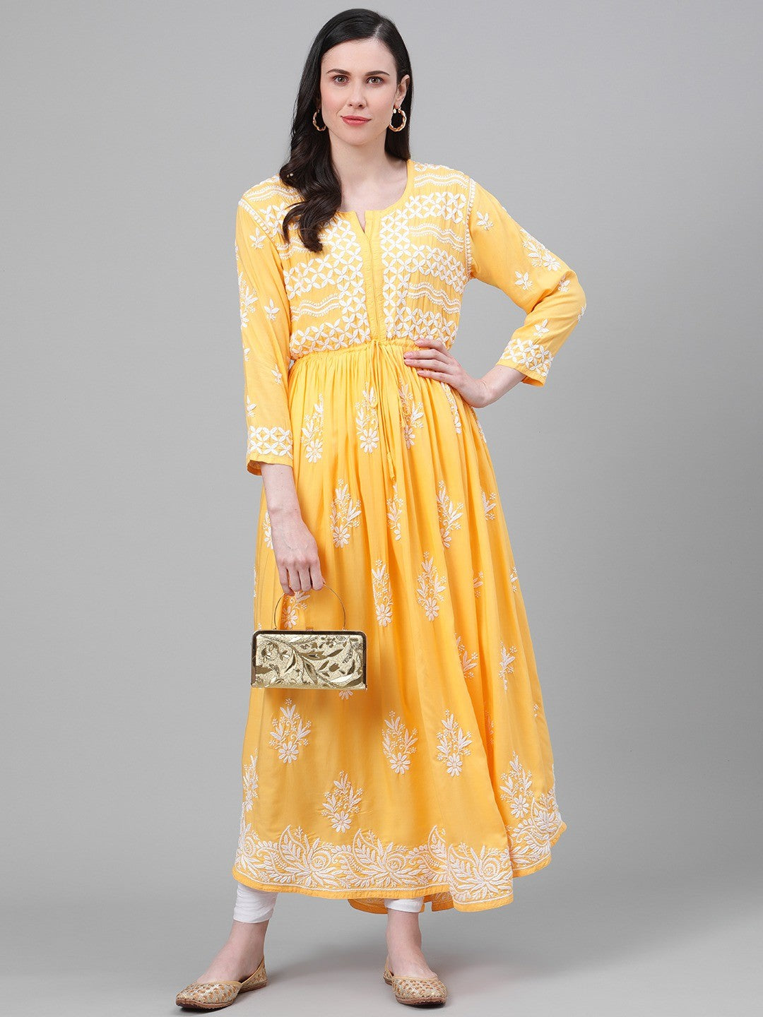 Ada Hand Embroidered Yellow Muslin Lucknow Chikankari Kurta-A411140