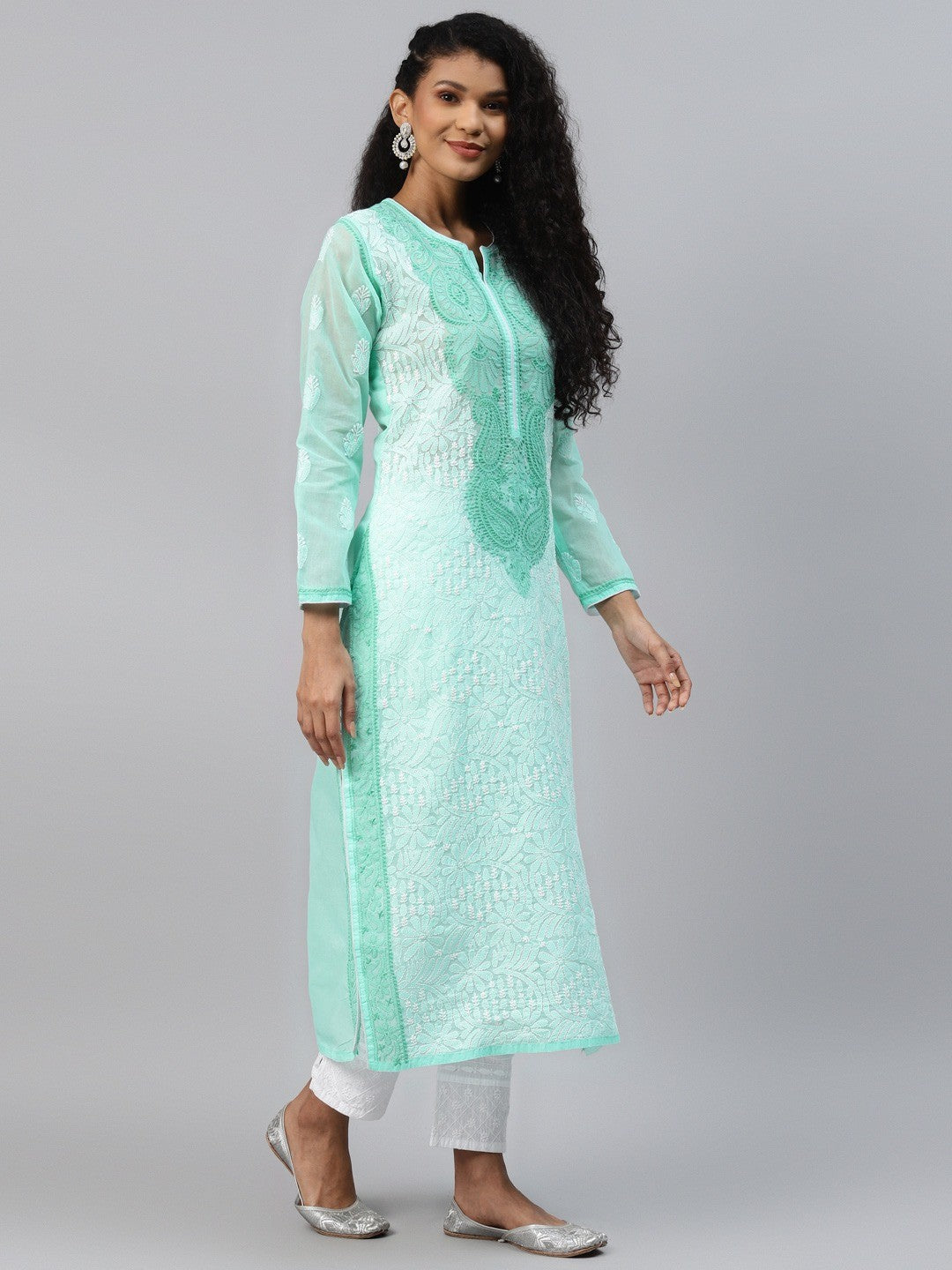 Ada Hand Embroidered Sea Green Cotton Lucknowi Chikankari Straight Kurta A254199