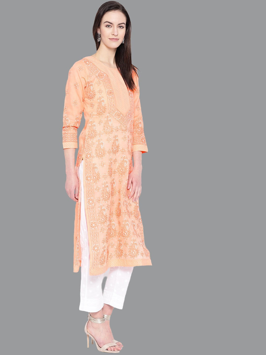 Ada Hand Embroidered Peach Cotton Lucknow Chikankari Kurta with Palazzo Set A100225