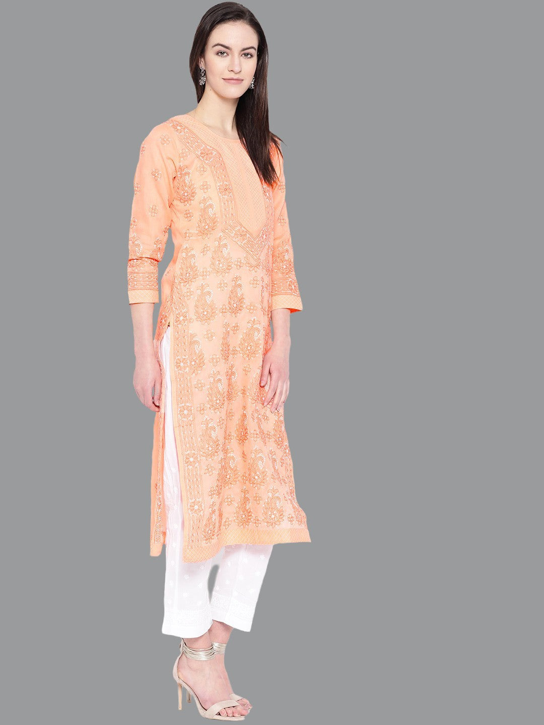 Ada Hand Embroidered Peach Cotton Lucknow Chikankari Kurta with Palazzo Set A100225