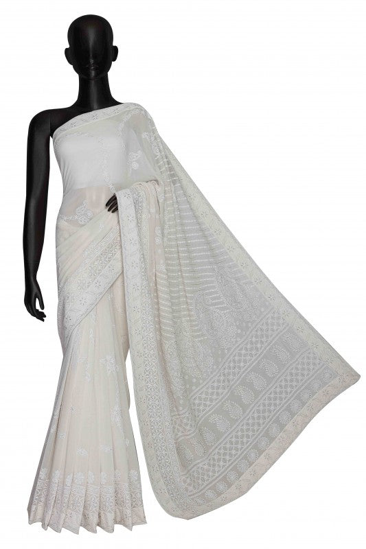 Ada Hand Embroidered White Pure Georgette Lucknowi Chikankari Saree with Blouse A456834
