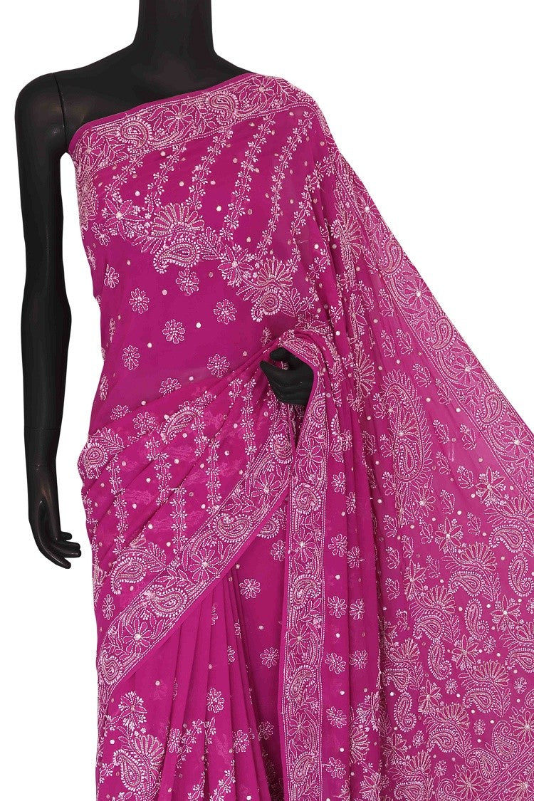 Ada Hand Embroidered Magenta Pure Georgette Lucknowi Chikankari Saree/Blouse With Mirror Work A547583